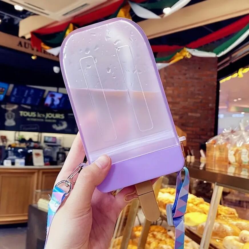 300ml Cute Straw Cup New Plastic Popsicle Shape Water Bottle BPA Free Transparent Juice Drinking Cup Suitable for Boys Girls