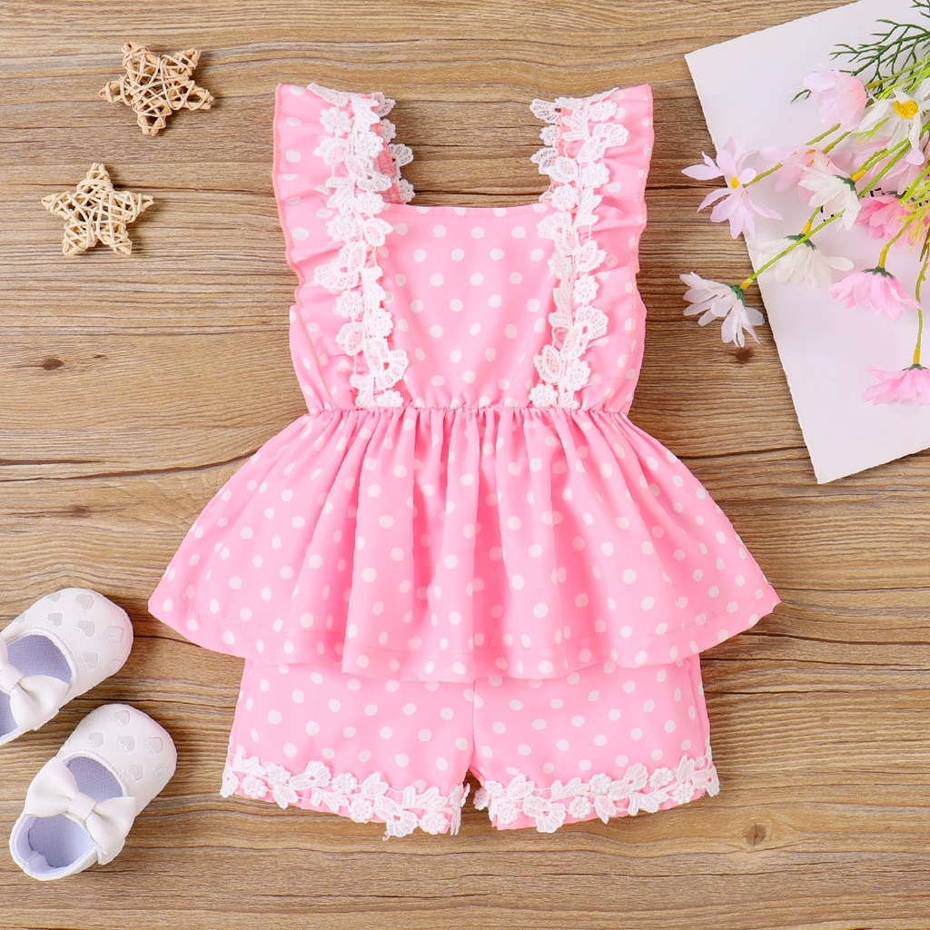 2pcs Baby Girl Lace Polka Dots Ruffle Top and Shorts Set