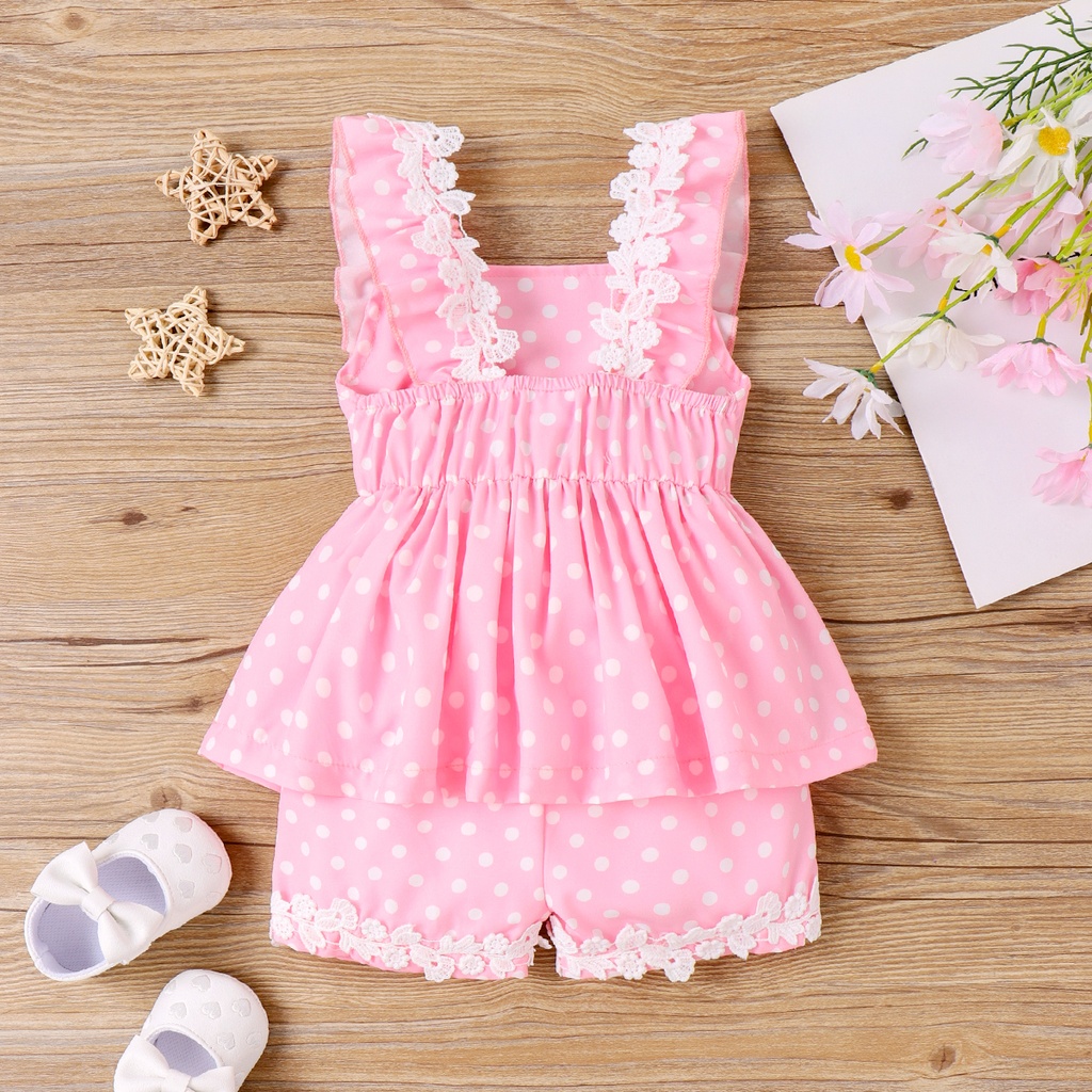 2pcs Baby Girl Lace Polka Dots Ruffle Top and Shorts Set