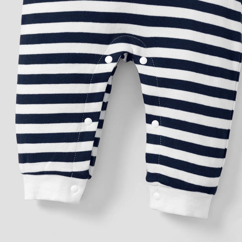 100% Cotton Stripe Print Long-sleeve Baby Navy White Jumpsuit