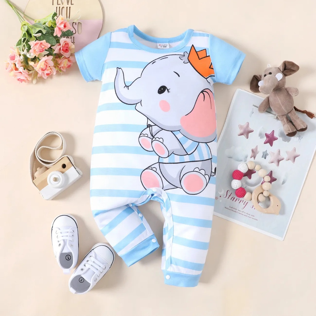 Baby Boy/Girl Cartoon Elephant Print Short-sleeve Jumpsuit