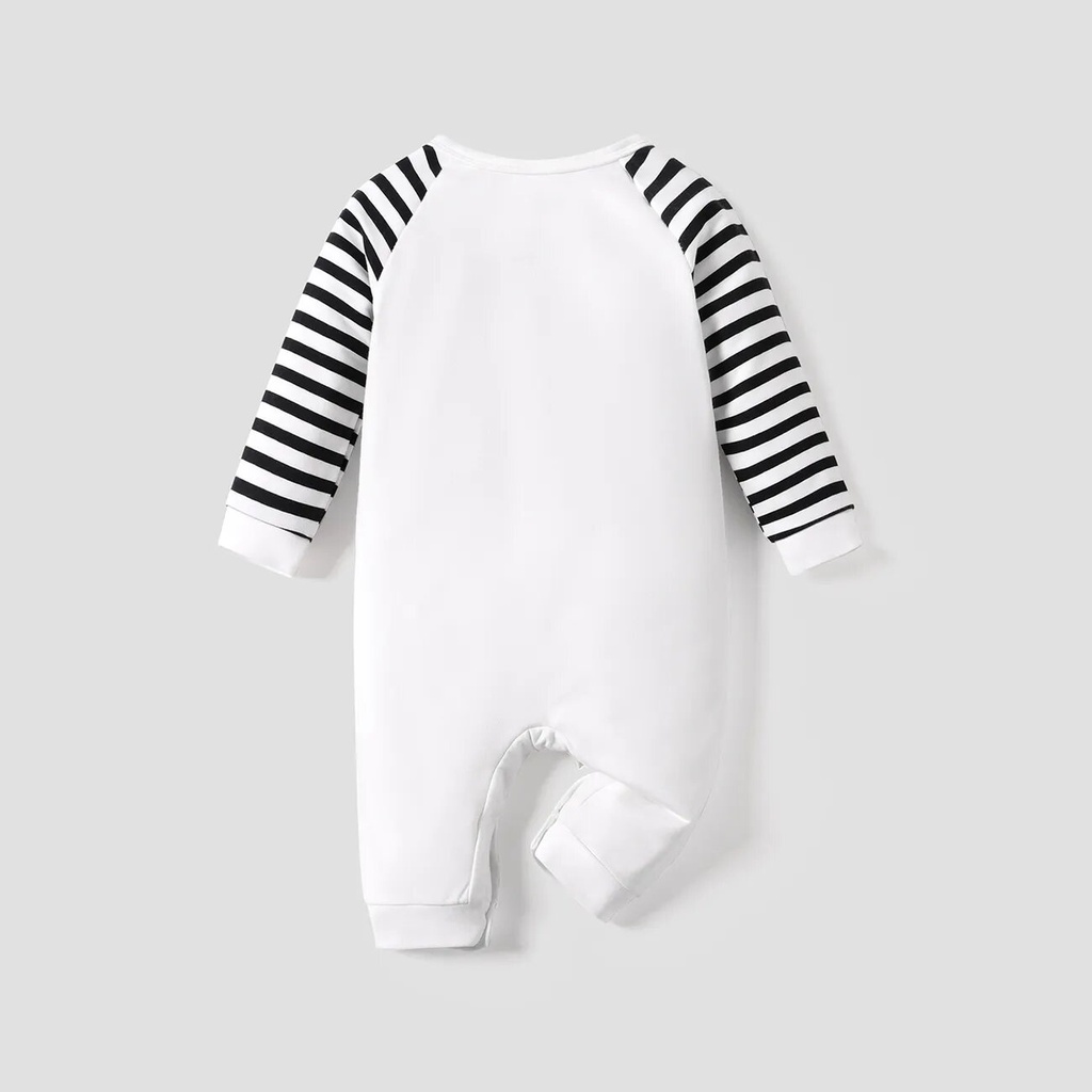 Panda and Stripe Print Long-sleeve White Baby Jumpsuit