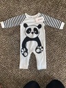 Panda and Stripe Print Long-sleeve White Baby Jumpsuit