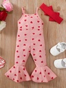 Valentine's Day 2pcs Baby Girl Allover Heart Print Bow Front Bell Bottom Ribbed Cami Jumpsuit & Headband Set