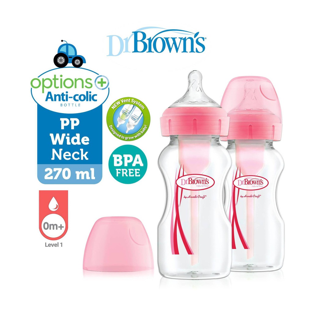 DR BROWN 9 oz/270 ml Options+ Wide-Neck Bottle, PP, PINK, 2-Pack