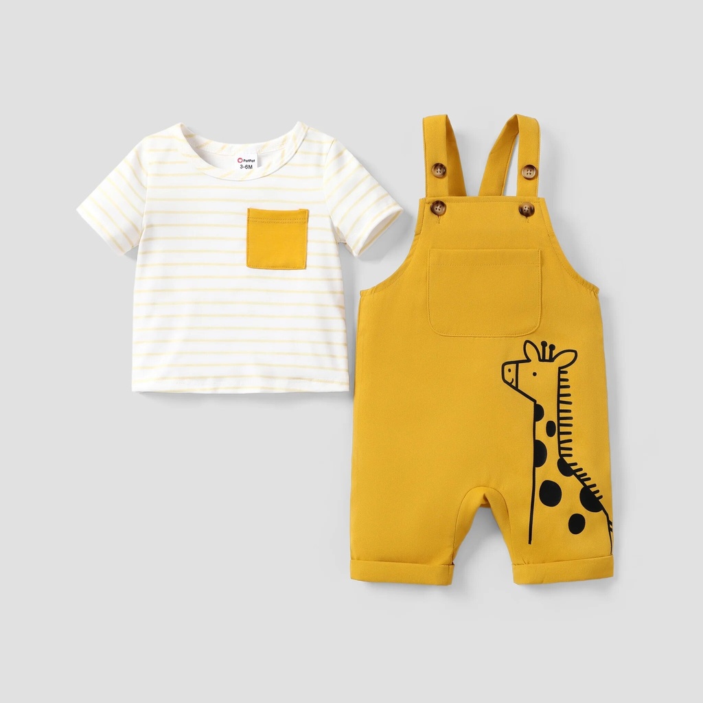 2pcs Baby Girl/Boy Childlike Top and Giraffeand Patch Pocket Overalls Set 