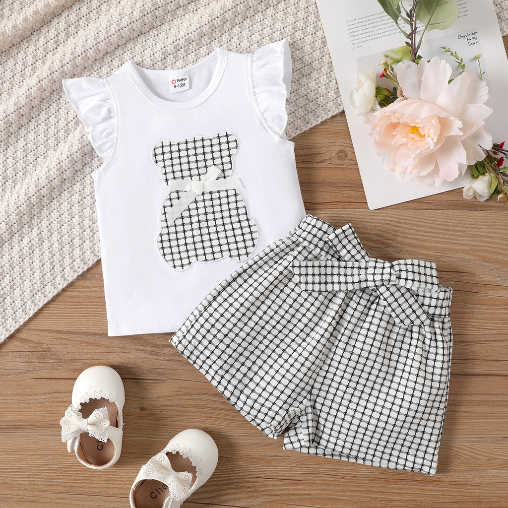 2pcs Baby Girl Cotton Animal Pattern Ruffle Top and Allover Plaid Bow Decor Shorts Set