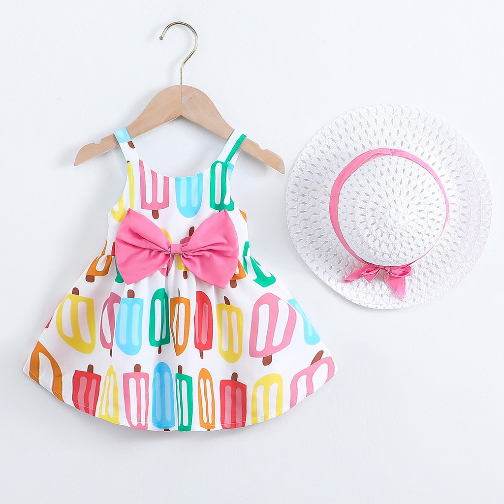 2pcs Baby Girl Bow Decor Allover Print Slip Dress and Hat Set