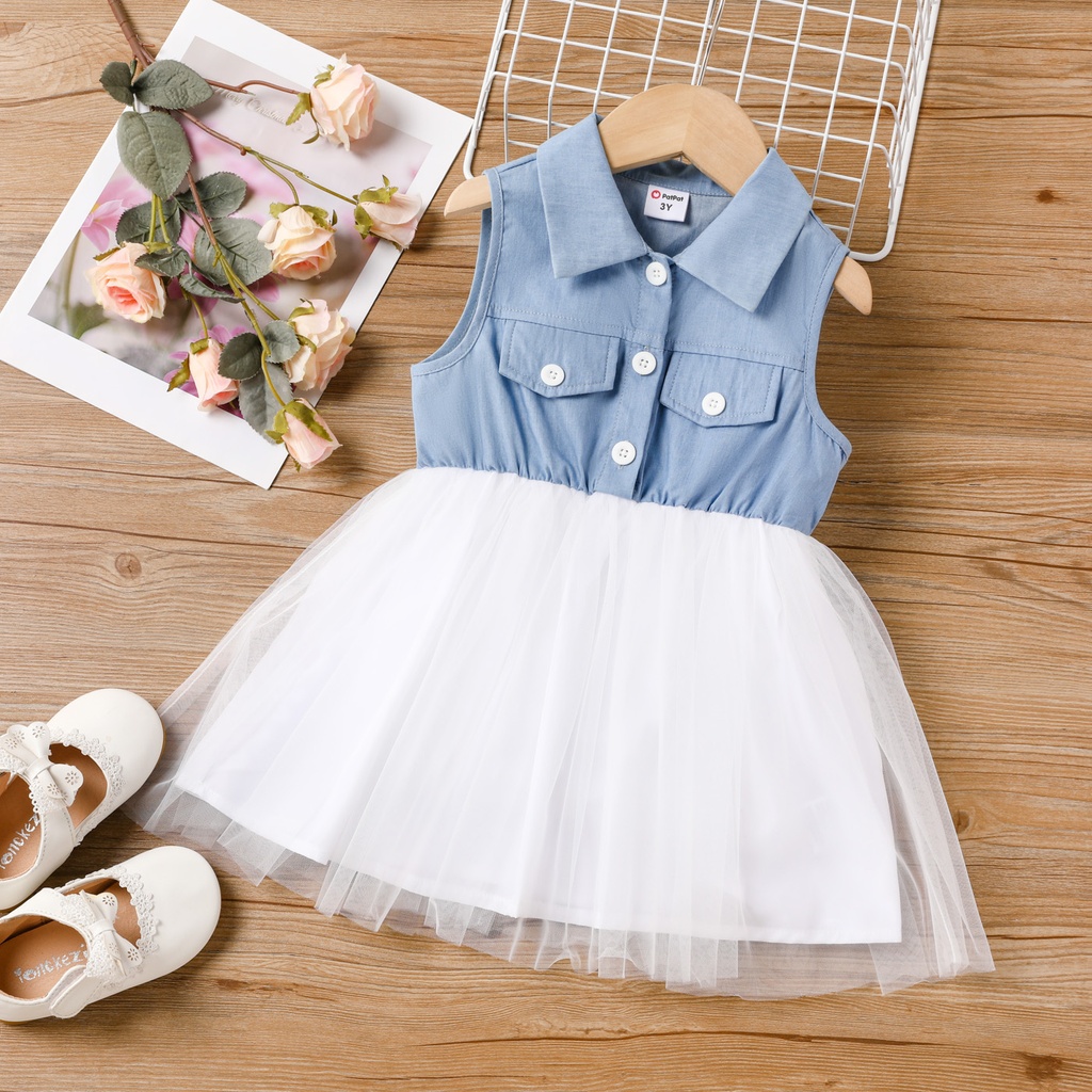 Toddler Girl Denim Mesh Splice Lapel Collar Sleeveless Dress