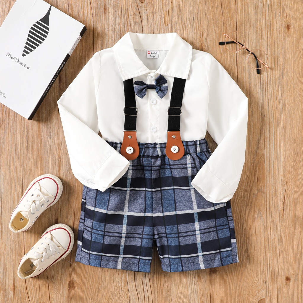 2pcs Toddler Boy Bow Tie Long-sleeve Shirt and Plaid Suspender Pants Set