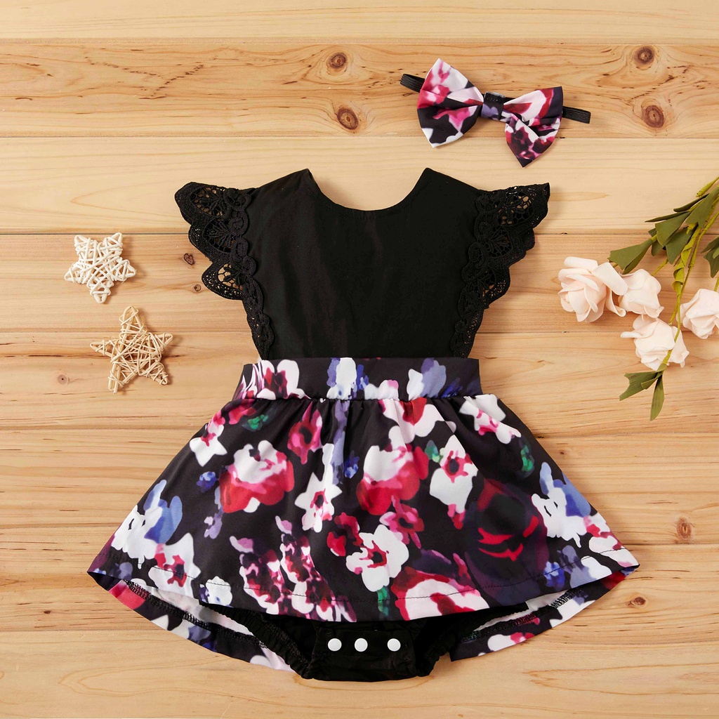 2pcs Baby Girl 95% Cotton Lace Flutter-sleeve Floral Print Romper with Headband Set