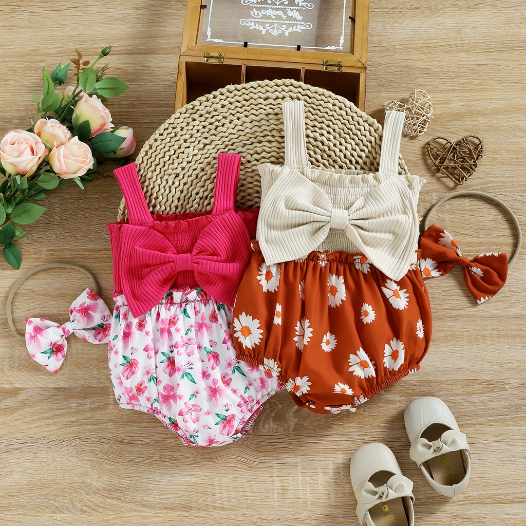 2pcs Baby Girl 95% Cotton Ribbed Bowknot Splicing Floral Print Sleeveless Romper with Headband Set