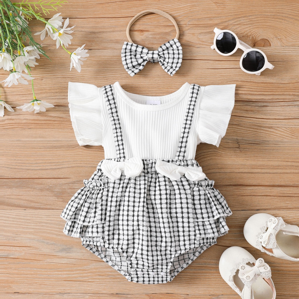 Little CoCo & Gentlemen - Baby Girl Bowknot Grid Ruffled Romper with Headband