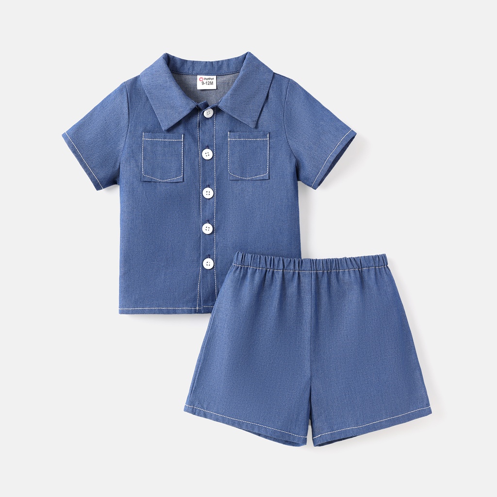 2pcs Baby Boy 100% Cotton Lapel Collar Denim Shirt an Shorts Set