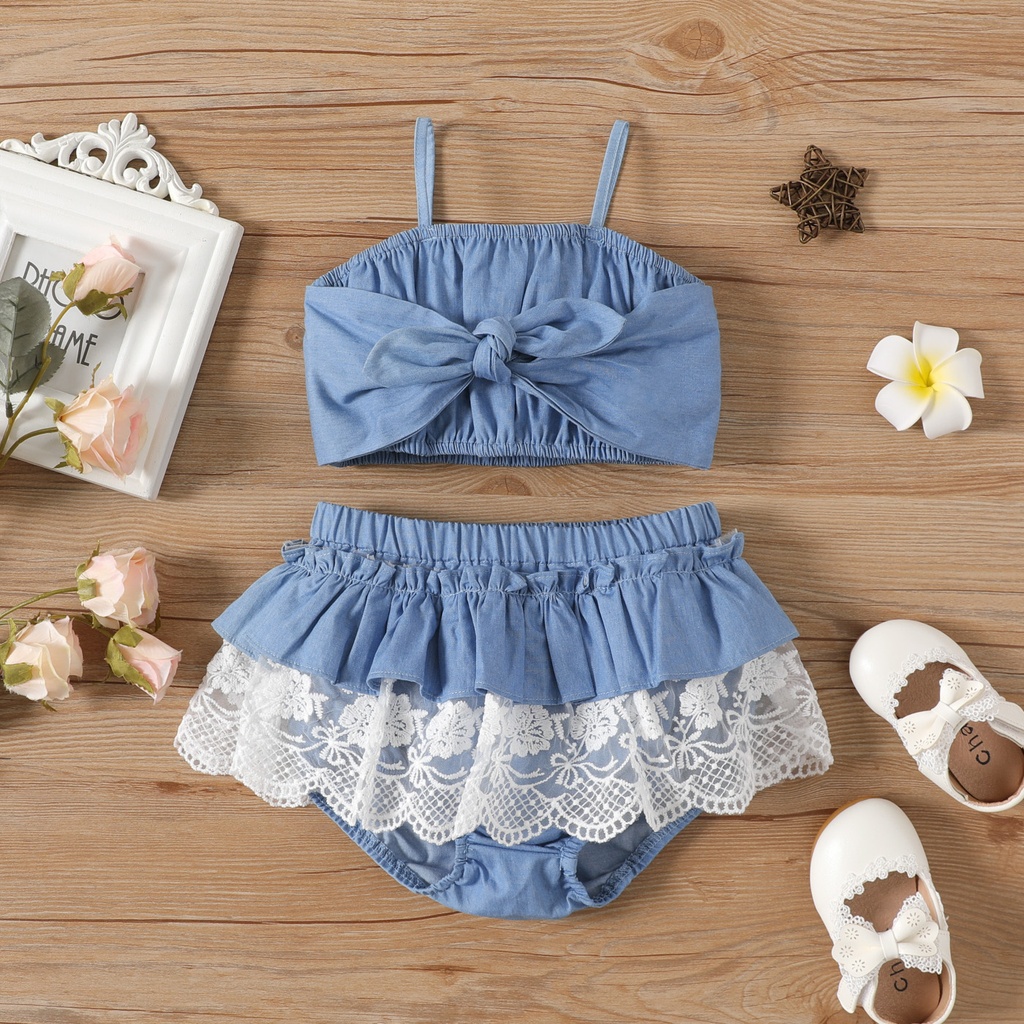 2pcs Baby Girl 100% Cotton Denim Cami Crop Top and Lace Ruffled Shorts Set