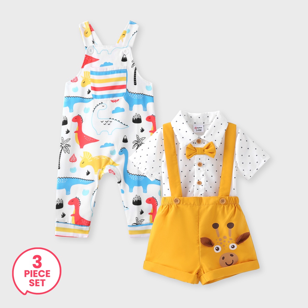 Baby Boy Polka Dots Bowknot Shirt and Giraffe Print Overall Shorts and Dino Print Overalls Set