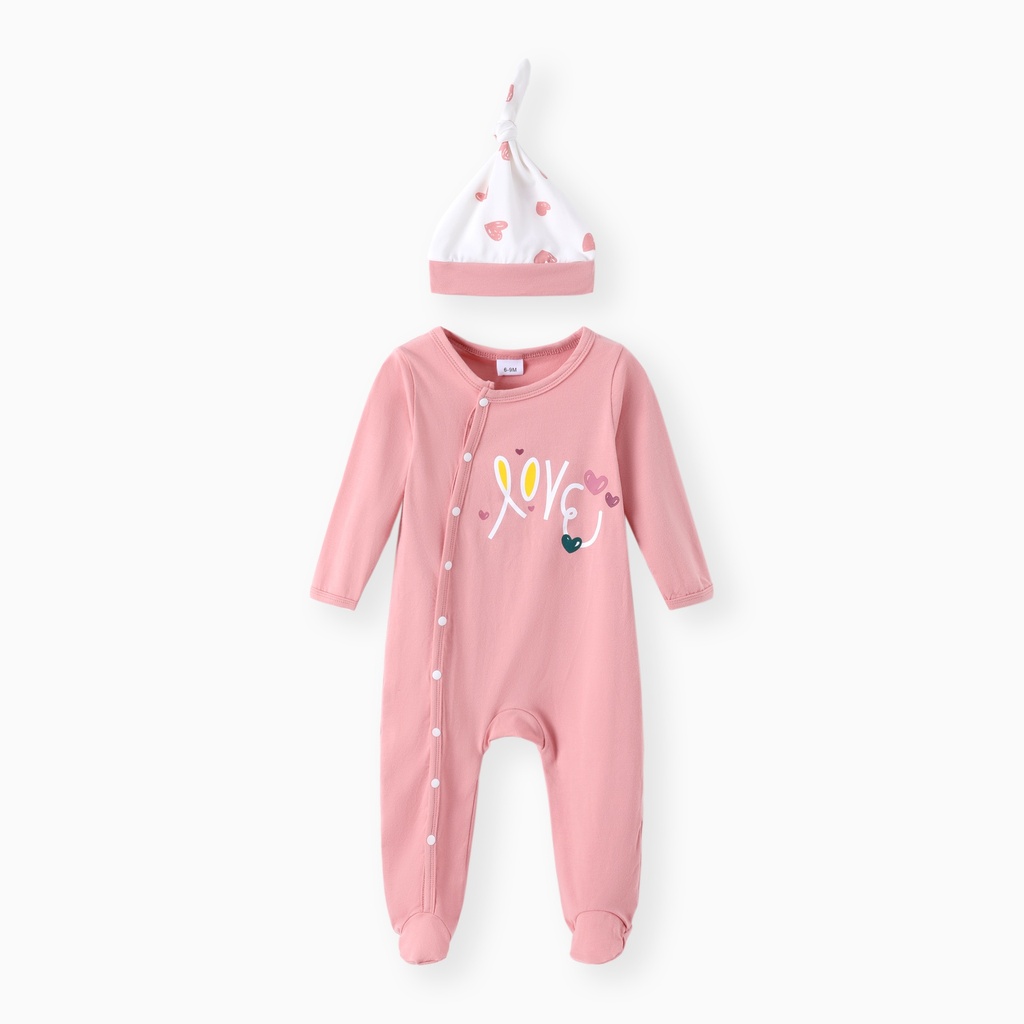 2pcs Baby Valentine's Day 95% Cotton Love Heart Print Footed Jumpsuit with Hat Set