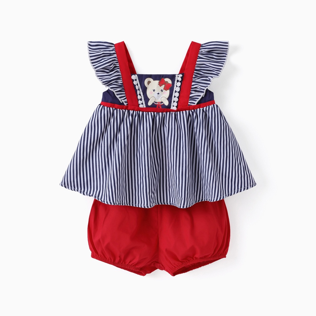 Baby Girl 2pcs Childlike Bear Embroidery Striped Top and Shorts Set