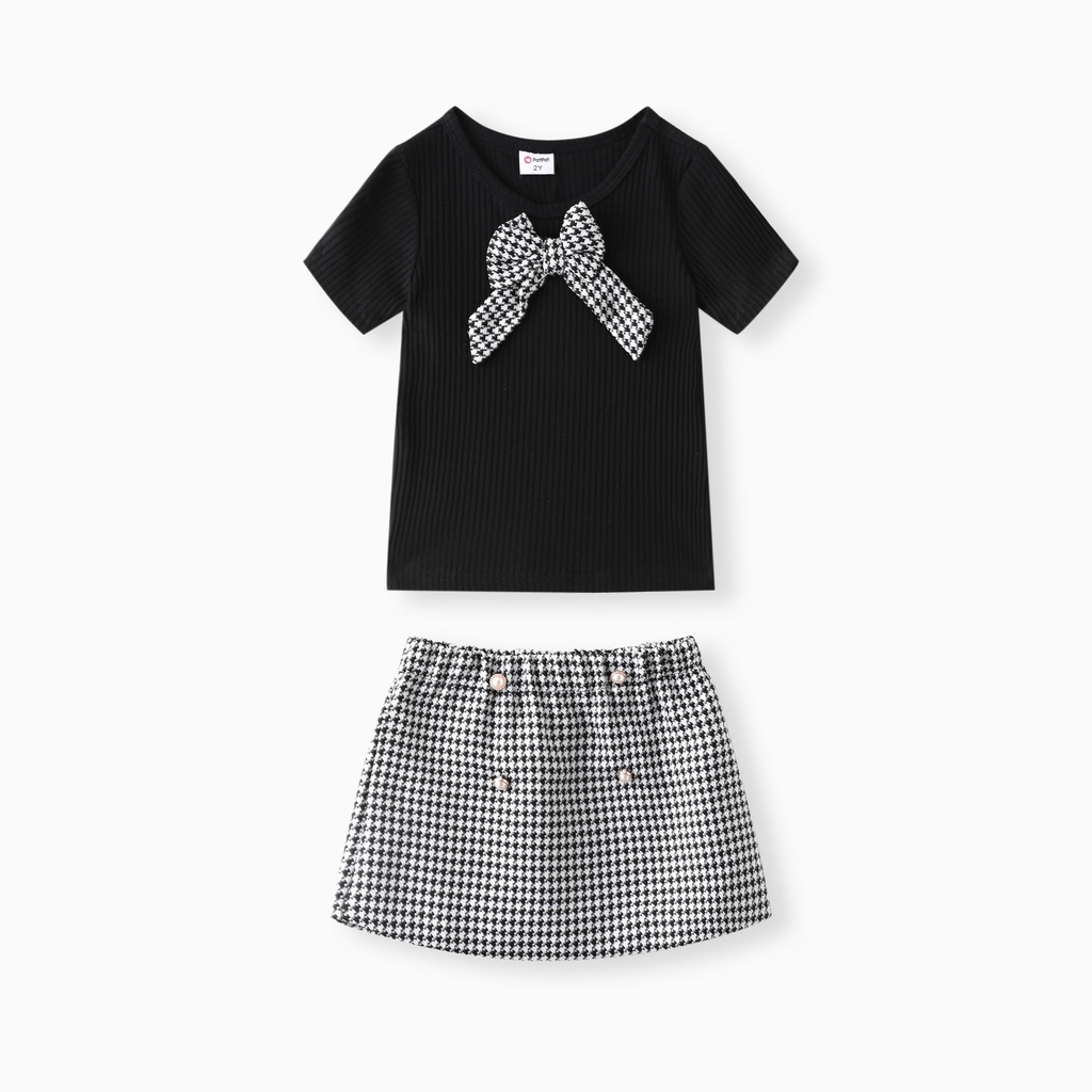 Toddler Girl 2pcs Bowknot Tee and Grid Skirts Set