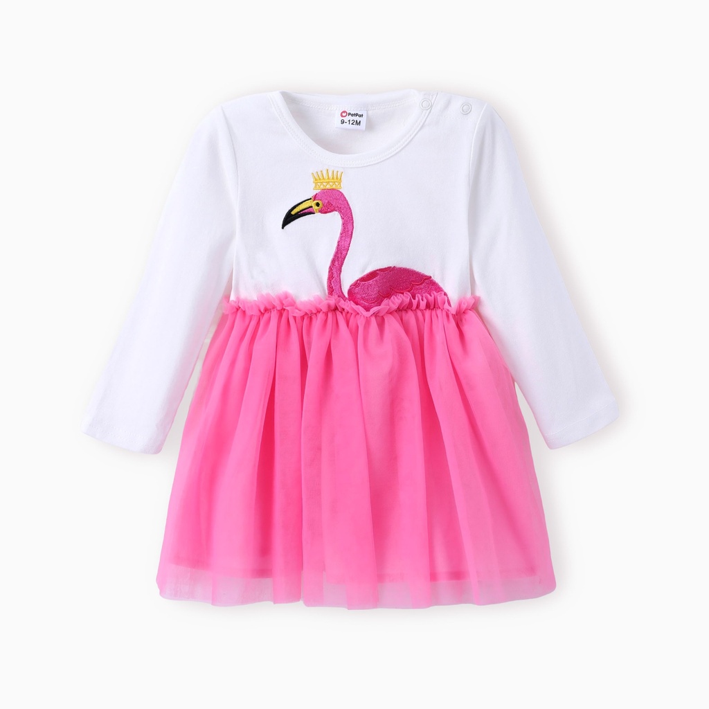 Baby Girl Flamingo Embroidered Mesh Splice Dress