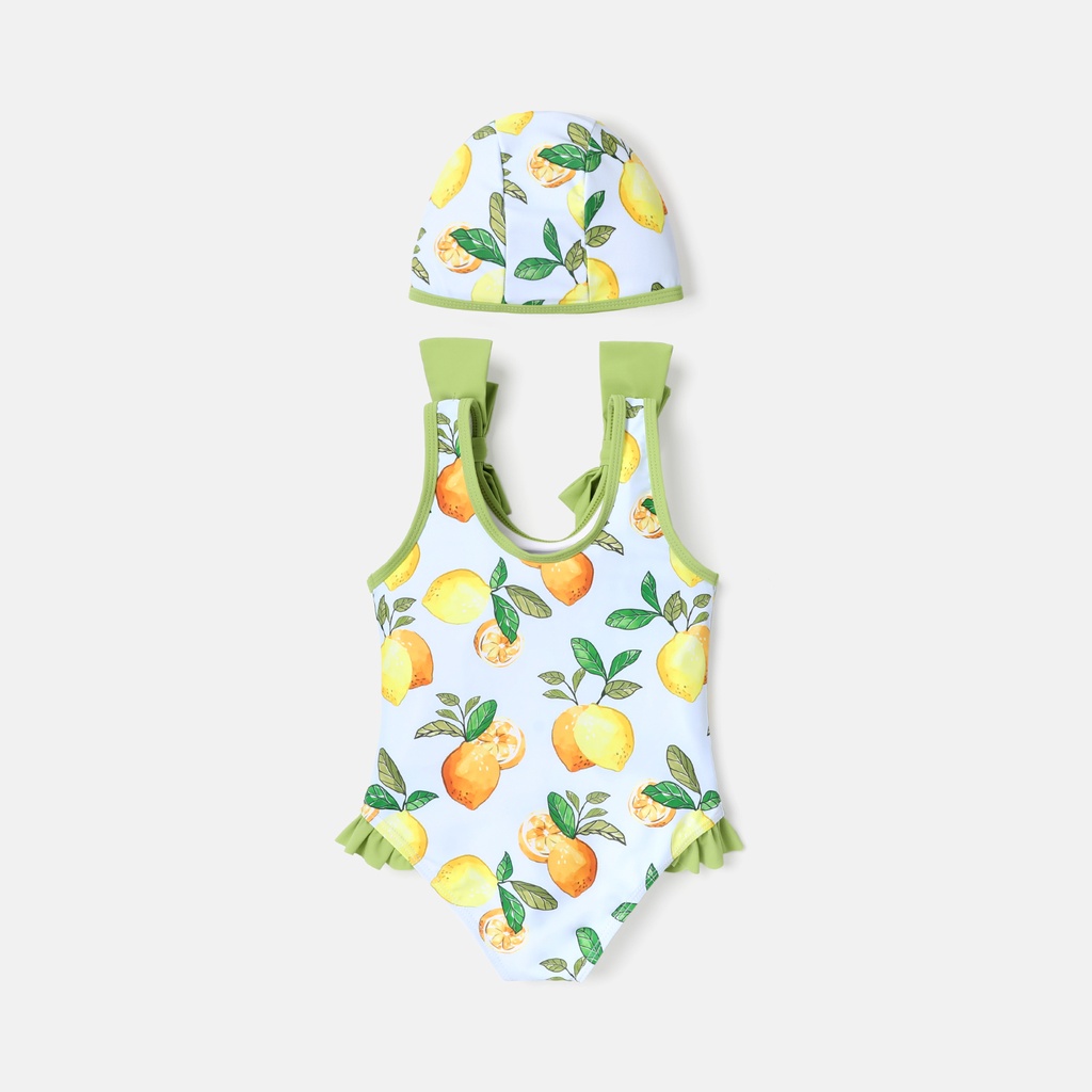 Toddler Girl Floral Print Ruffled Bowknot Design Sleeveless Onepiece Swimsuit