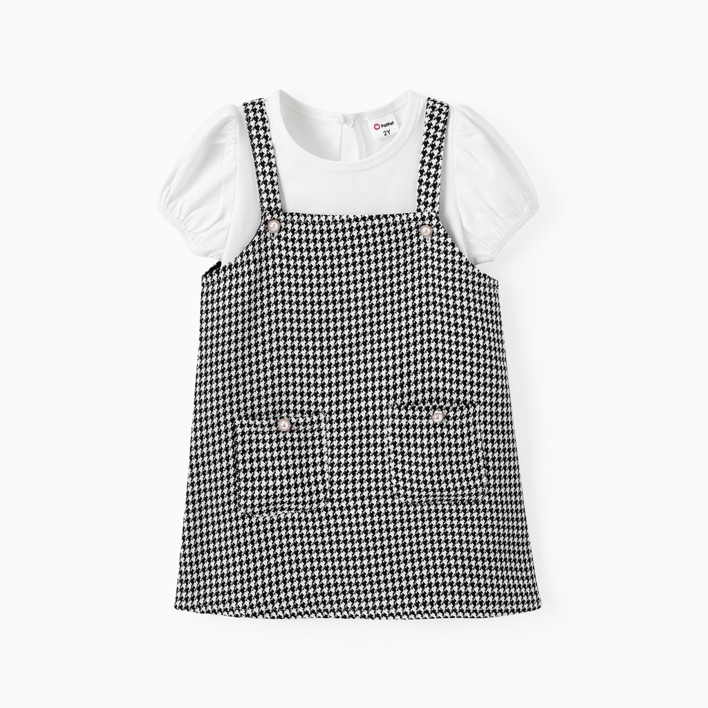 Toddler Girl 2pcs Puff-sleeve Tee and Grid Print Overall Dress Set