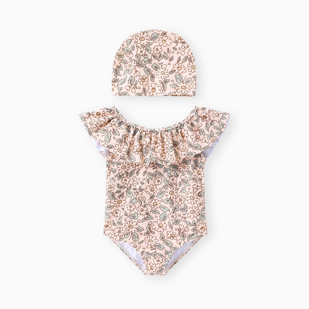 2pcs Baby Girl's Sweet Plants Floral Ruffle Swimwear
