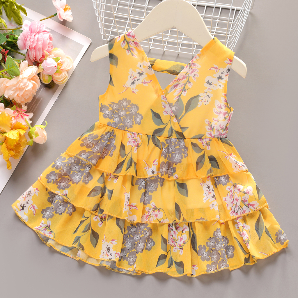 Baby Girl Allover  Print V Neck Sleeveless Layered Dress
