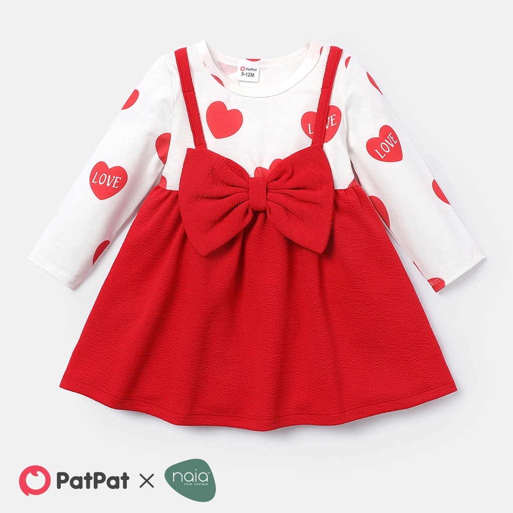Baby Girl Bow Front Solid & Heart-print Naia™ Spliced Long-sleeve Dress