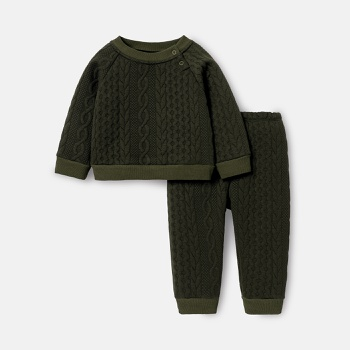 2pcs Baby Boy Solid Color Cable Knit Textured Long-sleeve Sweatshirt and Elasticized Pants Set
