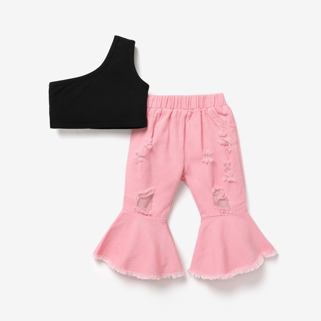 2pcs Baby Girl 100% Cotton Ripped Denim Flare-sleeve Jeans and One Shoulder Crop Tank Top Set