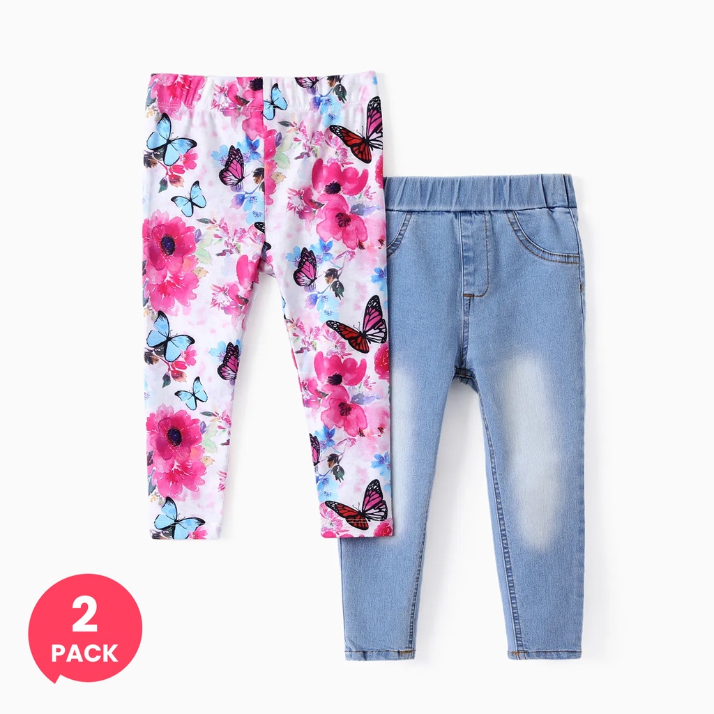2-Pack Toddler/Kid Girl Floral Print Leggings ＆Solid Denim Jeans Set