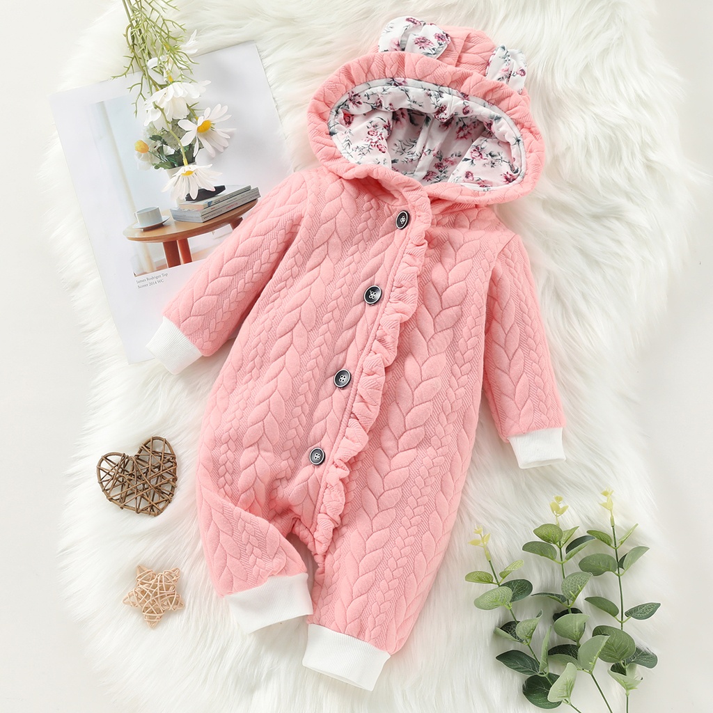 Baby Girl Bear Style 3D Ear Hooded Thickened Lined Jumpsuit
