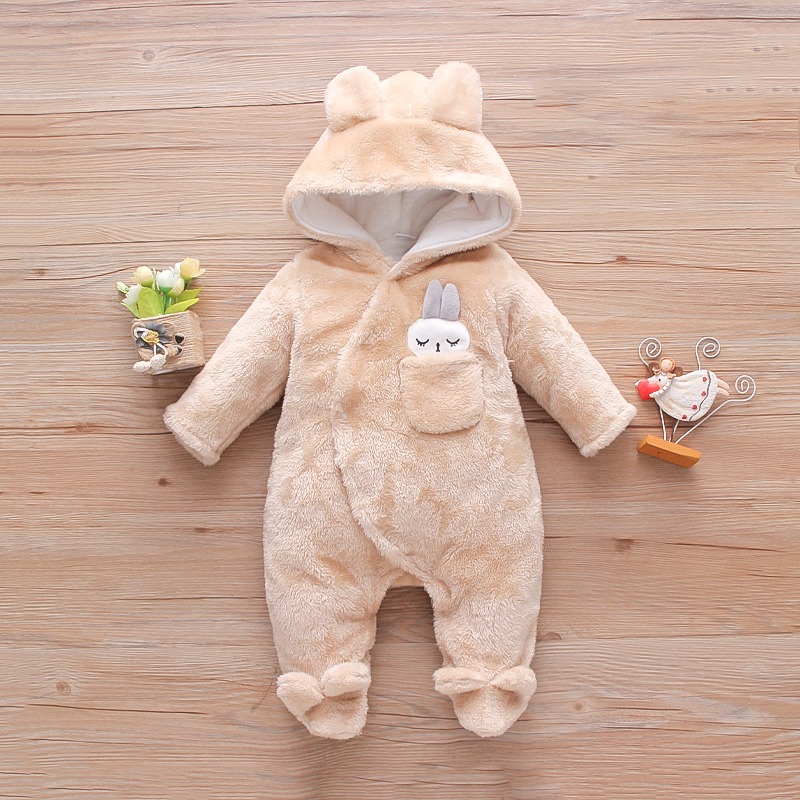 Solid Rabbit Decor Fleece Hooded Footed/footie Long-sleeve Baby Jumpsuit