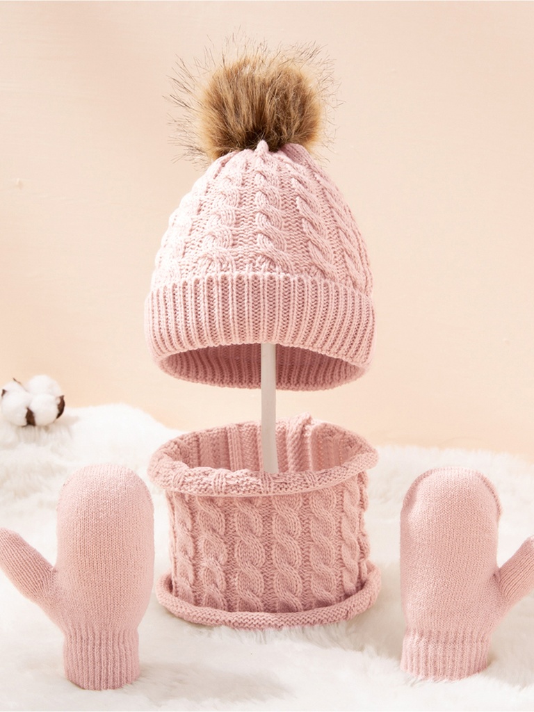 3-pack Baby / Toddler Pompon Decor Pure Color Cable Knit Beanie Hat and Scarf and Mittens Set