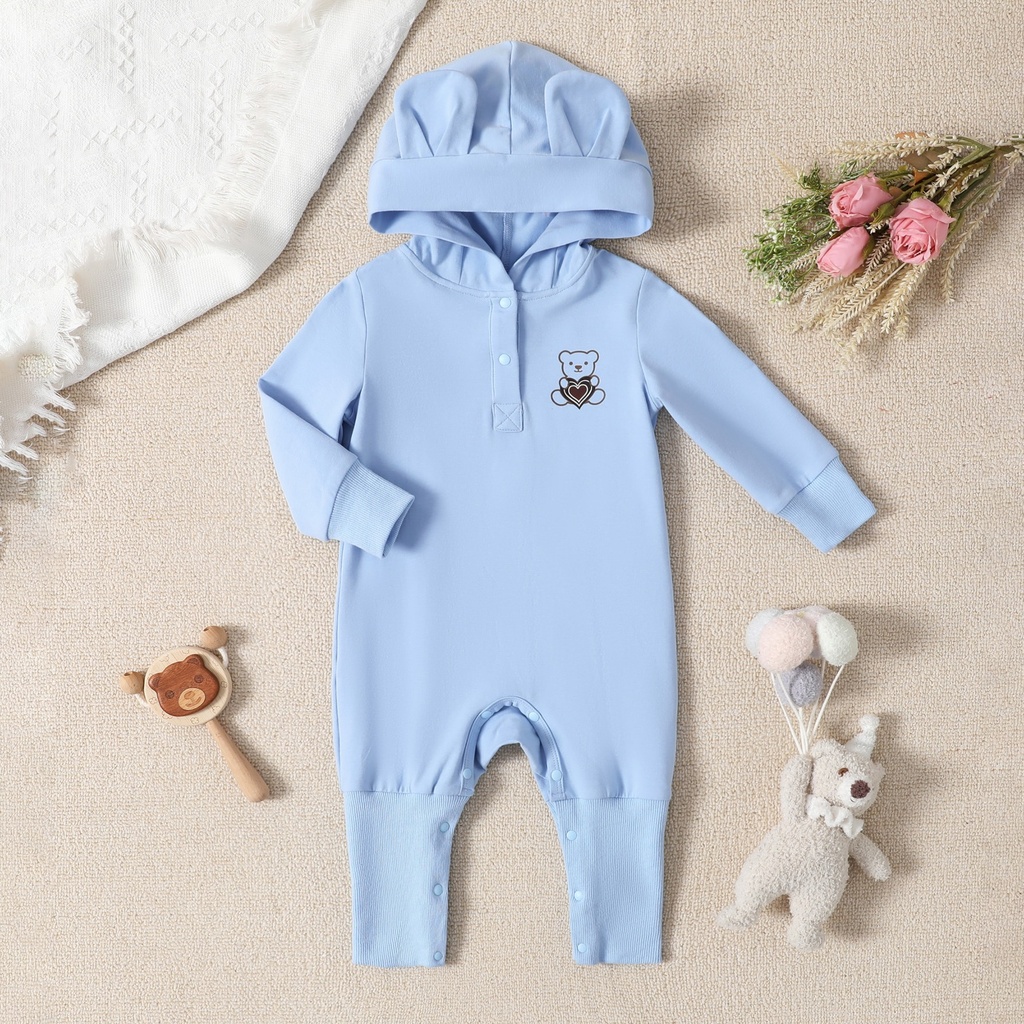 Baby Boy/Girl Bear Temp-Sensing Print 3D Ear Hooded Jumpsuit
