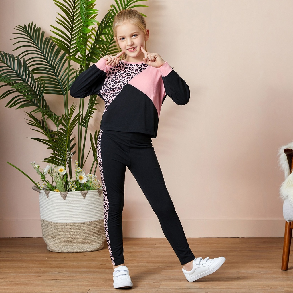 Fashionable Kid Girl Leopard & Color Block Set
