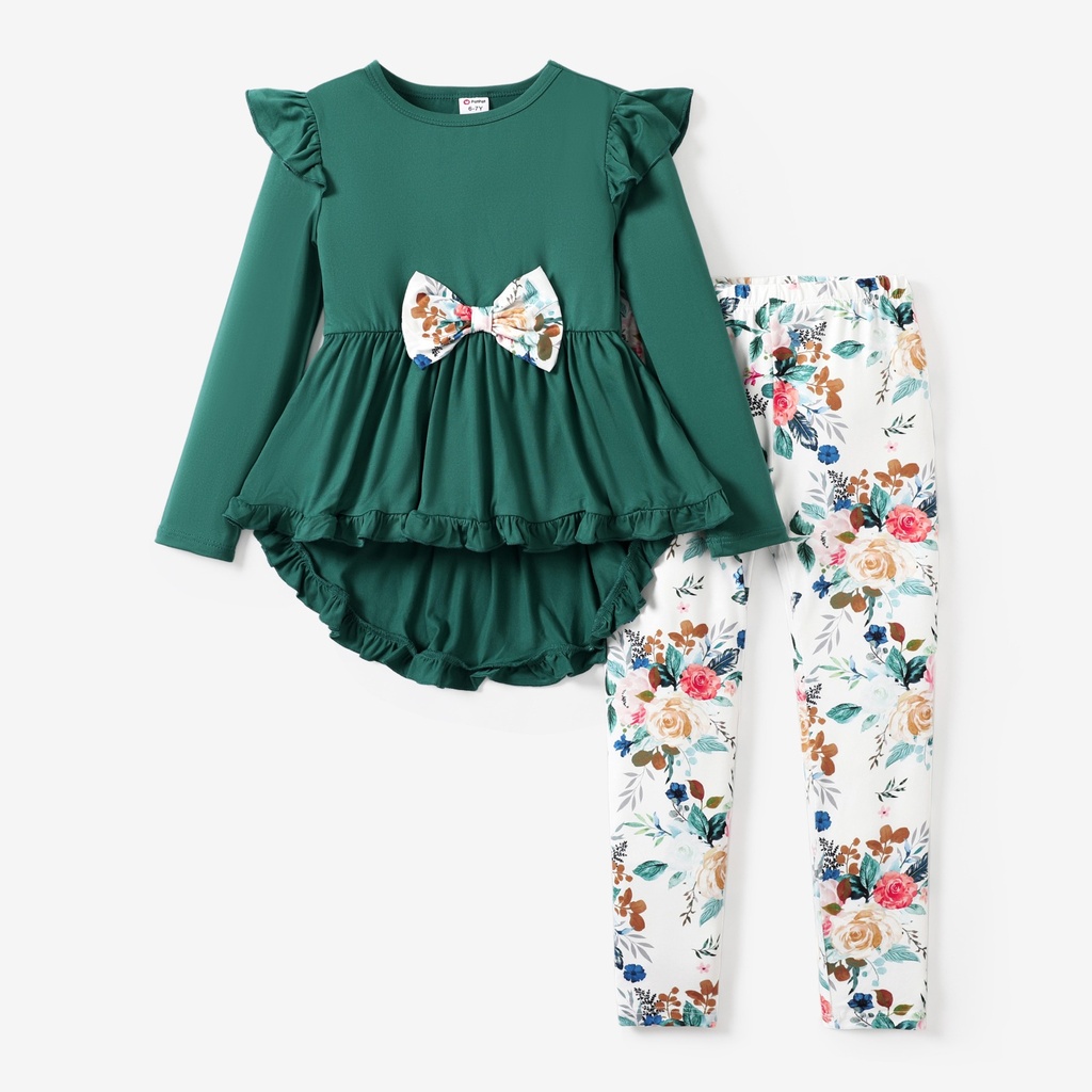 2-piece Kid Girl Bowknot Ruffled Long-sleeves Tee and Flower Allover Print Pants