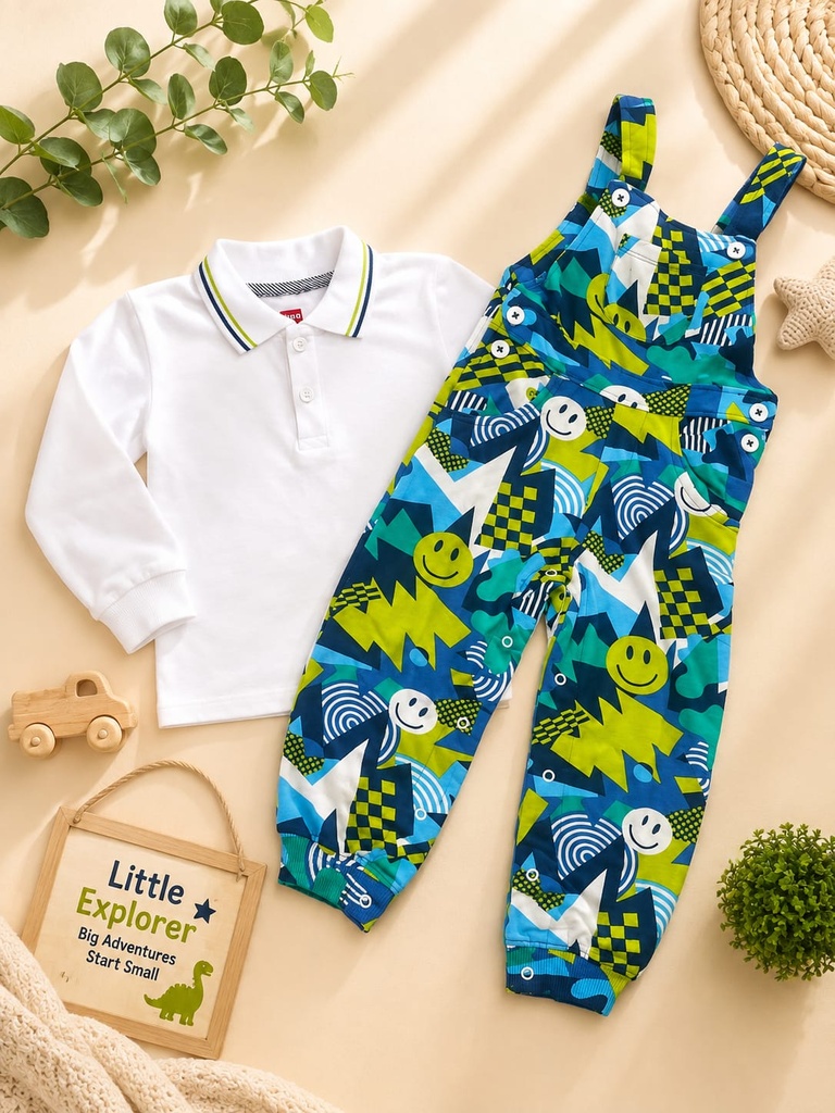 Colorful Smiley Dinosaur Baby Overalls & Polo Set