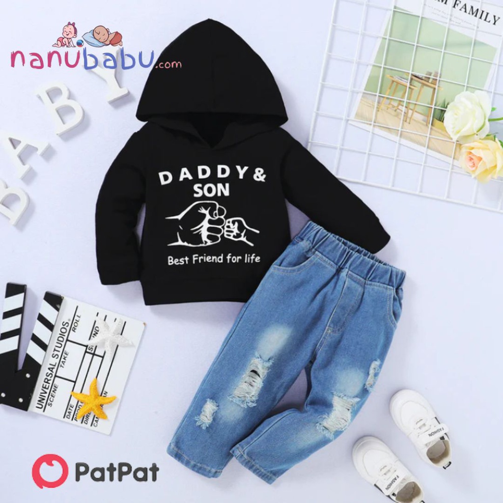 Patpat-(2nb1-20516587)2pcs Toddler Boy Trendy Ripped Cotton Denim Jeans and Letter Print Hoodie Sweatshirt Set