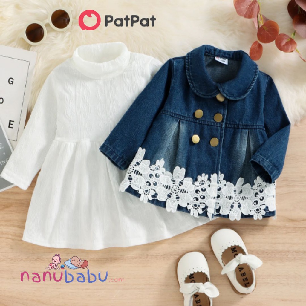 Patpat-(2nb5-20507701)2pcs Baby Girl 100% Cotton Denim Spliced Lace Double Breasted Jacket and Textured Mock Neck Long-sleeve Dress Set