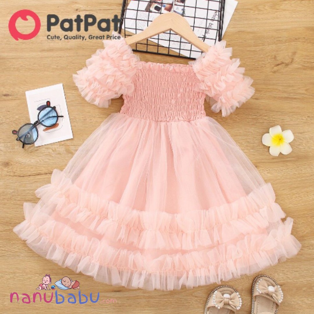 Patpat-(2nb2-20528964)Toddler Girl Sweet Square Neck Smocked Mesh Gather Pink Dress