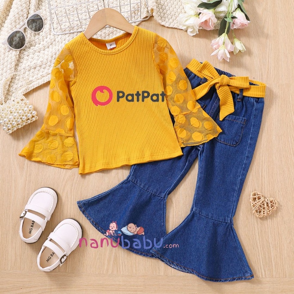 2pcs Toddler Girl Sweet Denim Flared Jeans and Mesh Bell sleeves Tee Set 3nb16-205501090