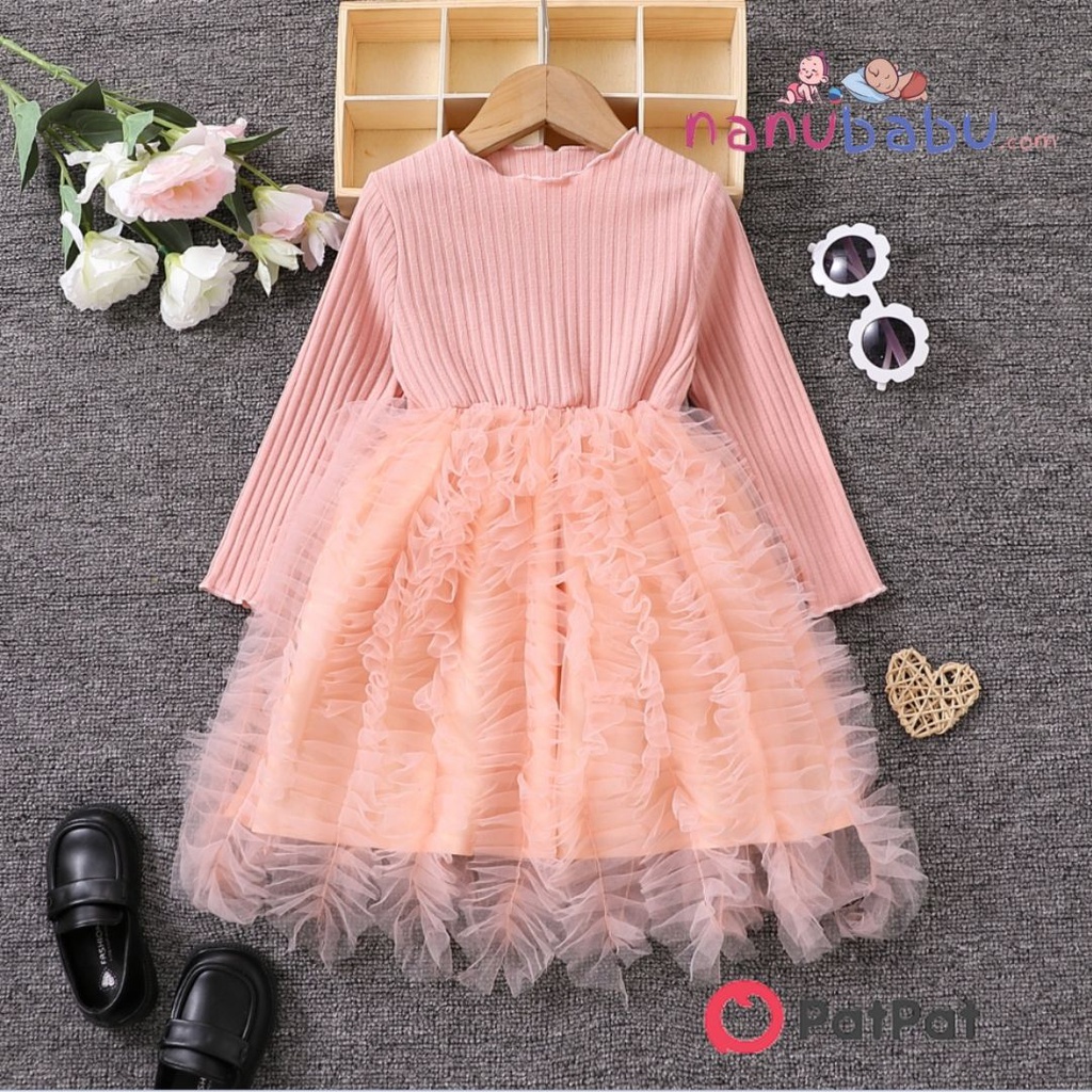 Toddler Girl Sweet Ruffled Mesh Splice Long-sleeve Pink Dress-3nb14-20497684