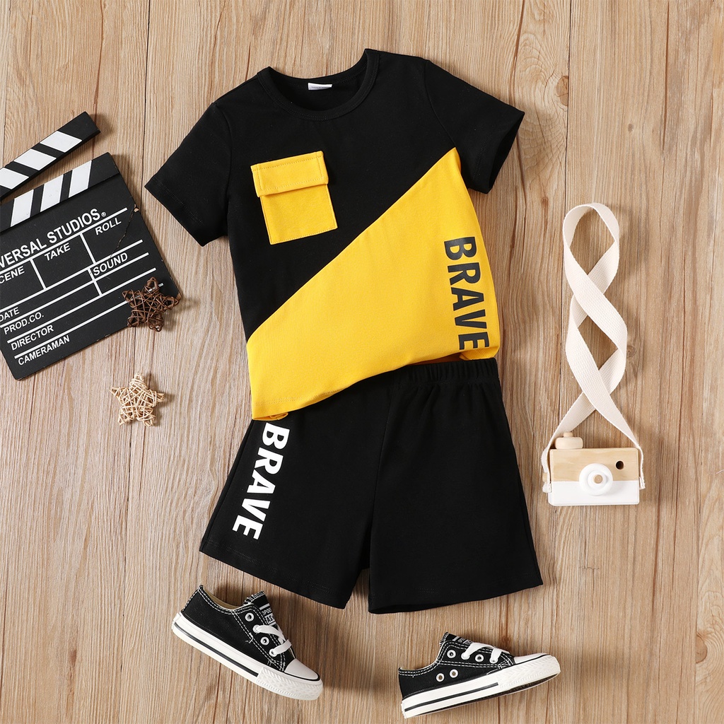 2pcs Toddler Boy Cotton Colorblock Letter Print Short-sleeve Tee and Elasticized Shorts Set(6nb30-20601384)
