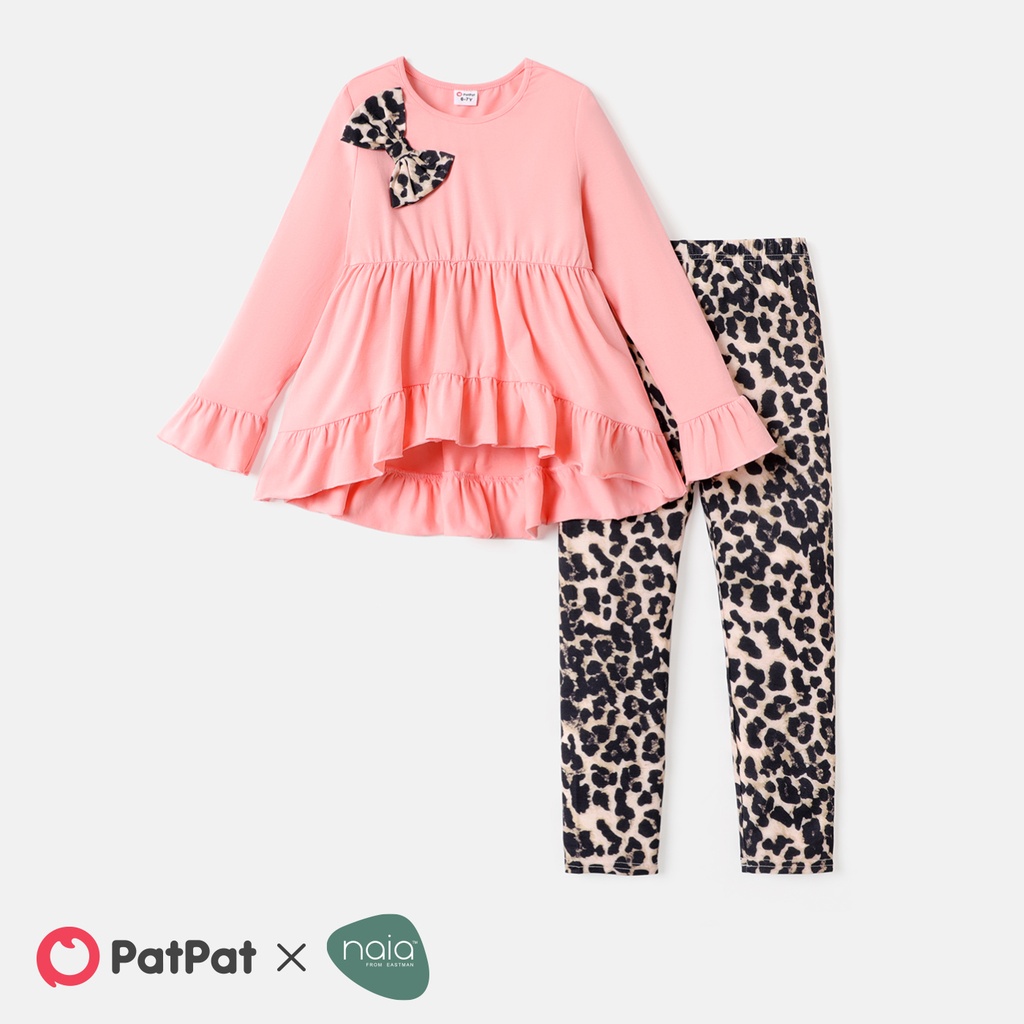 Naia 2pcs Kid Girl 3D Bowknot Design High Low Tee and Leopard Print Leggings Set(6nb30-20581560)