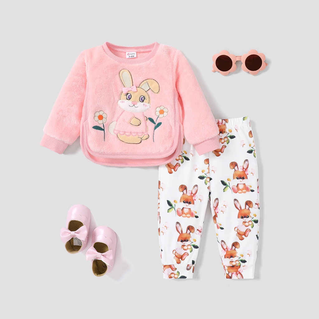 Baby Girl's 2pcs Rabbit Animal pattern Asymmetrical Hemline Fuzzy Sweatshirt and Pants Set