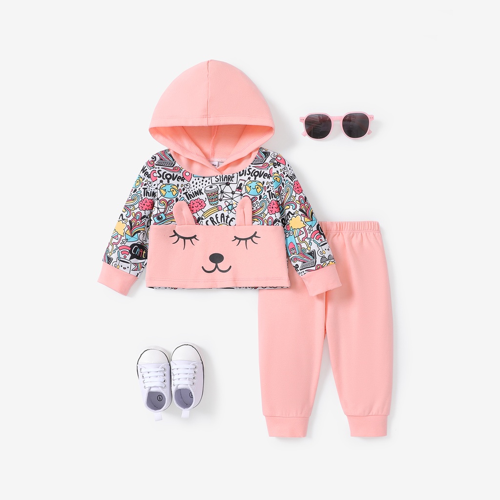 2PCS Baby Girl Childlike Hooded Graffiti Long Sleeve Set 