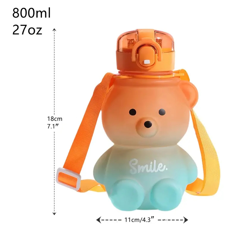 Cute Bear Water Bottle With Straw, 27oz Cute Water Bottle with Shoulder Straps No Leak Large Cute Kids Water Bottles