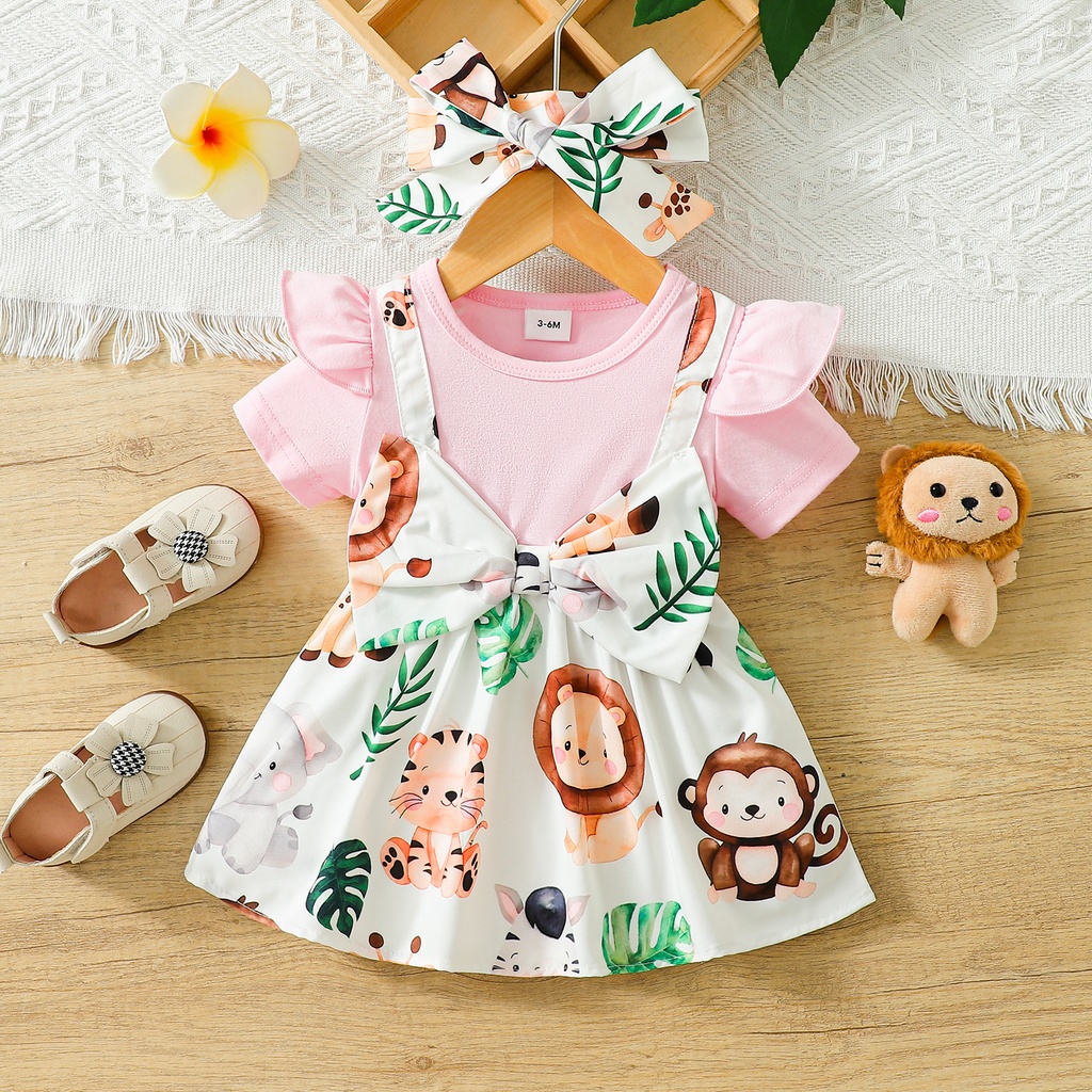 2PCS Baby Girl Animal Print Flutter Short Sleeves Dress with Headband 